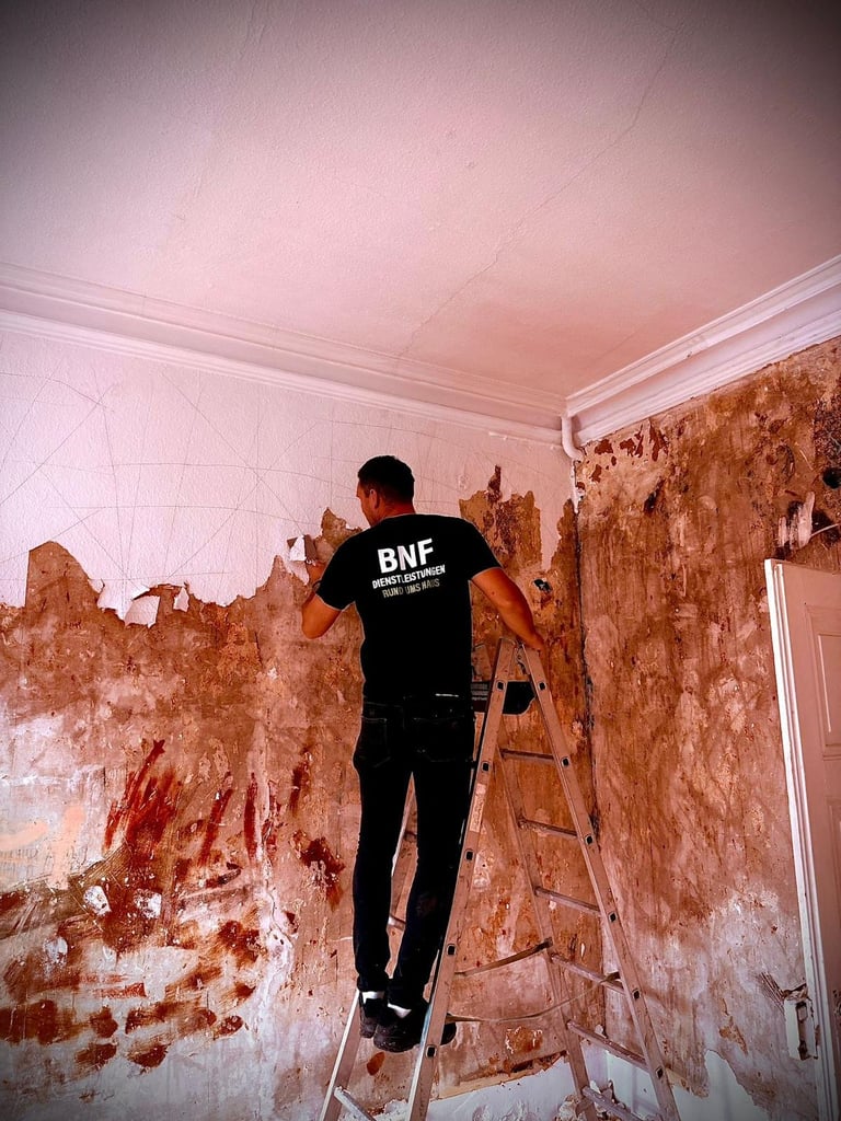 Arbeiter auf Leiter entfernt beschädigte Tapete von rosa Wänden während Renovierung