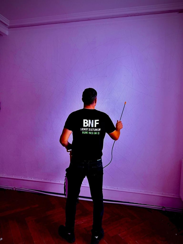 Person bei Renovierungsarbeit mit Stab an lilafarbener Wand